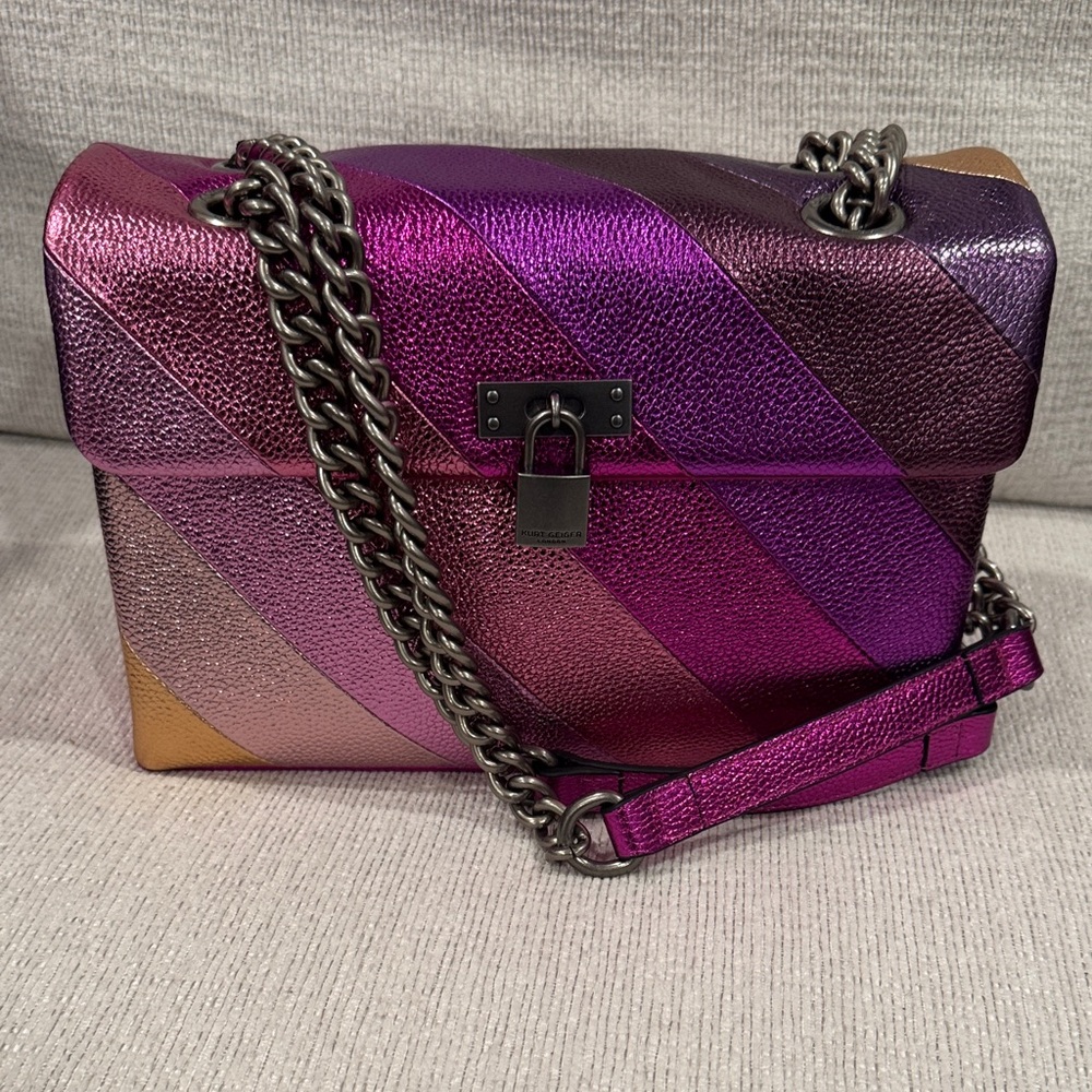 KURT GEIGER Metallic Multi-Stripe Leather Shoulder Bag in Purple and Pink